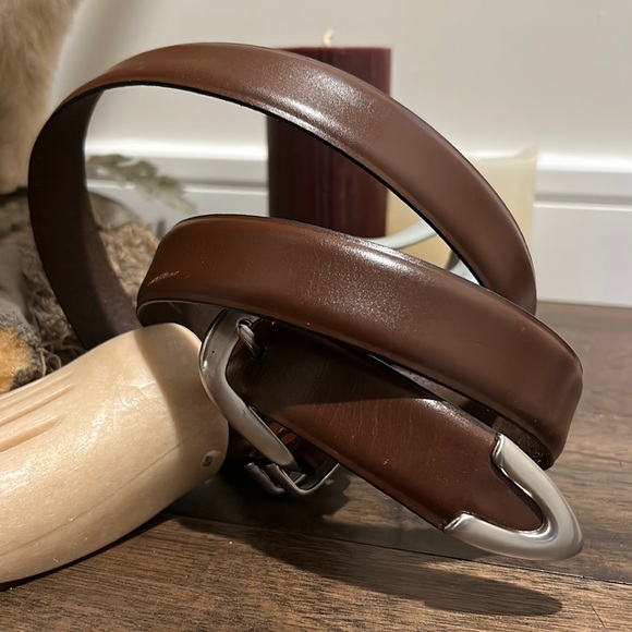 Mens Camel Colored Leather Belt Silver Hardware - Picture 2 of 9